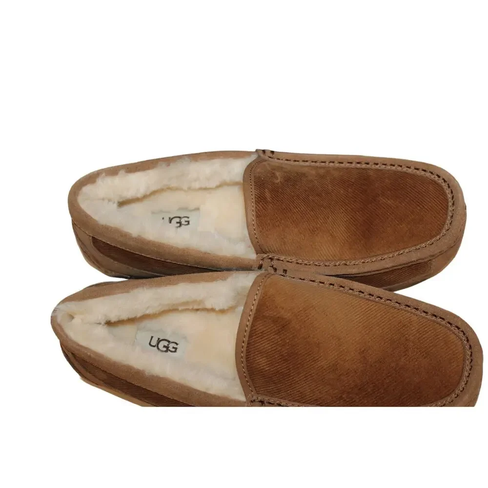 NIB UGG MEN'S ASCOT CORDUROY SUEDE SHEARLING LINED SLIPPERS CHESTNUT‎